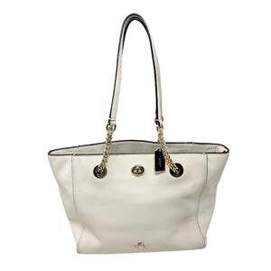 Coach Cream Pebbled Leather Tote Bag VGUC Zip Top Logo Charm Accent